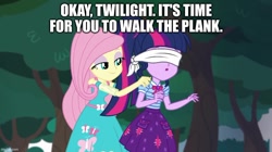 Size: 888x499 | Tagged: safe, derpibooru import, edit, edited screencap, screencap, fluttershy, sci-twi, twilight sparkle, better together, equestria girls, stressed in show, blindfold, caption, image macro, text