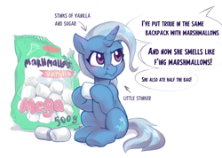 Size: 2815x2000 | Tagged: safe, artist:jewellier, derpibooru import, trixie, pony, unicorn, annoyed, arrow, bag, blushing, chewing, cute, diatrixes, eating, english, food, insult, insulted, marshmallow, real life based, sitting, smelly, solo, speech bubble, text, tiny, tiny ponies, trixie is not amused, unamused