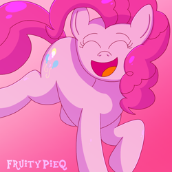 Size: 1000x1000 | Tagged: safe, artist:fruiitypieq, artist:shycookieq, derpibooru import, pinkie pie, earth pony, pony, eyes closed, female, gradient background, open mouth, solo