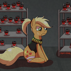 Size: 1000x1000 | Tagged: safe, artist:fruiitypieq, artist:shycookieq, derpibooru import, applejack, earth pony, pony, can, female, food, frown, grumpy, shelf, solo, soup, tomato, tomato soup