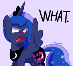 Size: 1186x1061 | Tagged: safe, artist:fruiitypieq, artist:shycookieq, derpibooru import, princess luna, alicorn, pony, angry, body writing, female, funny, implied princess celestia, open mouth, solo, trollestia