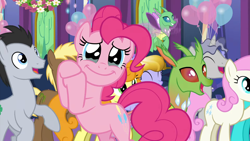 Size: 1920x1080 | Tagged: safe, derpibooru import, screencap, amber waves, carrot top, coco crusoe, golden harvest, lucky clover, pinkie pie, star bright, twinkleshine, changedling, changeling, crystal pony, earth pony, pony, unicorn, celestial advice, season 7, 1080p, arista, balloon, bipedal, crying, cute, diapinkes, female, flying, frenulum (g4), happy, insect wings, male, mare, open mouth, open smile, pinkie cry, smiling, stallion, tears of joy, twilight's castle, wings