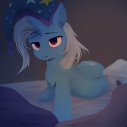 Size: 2048x2048 | Tagged: safe, artist:some_ponu, derpibooru import, trixie, pony, unicorn, bed, blanket, female, hat, mare, morning ponies, nightcap, pillow, simple background, solo, trixie's nightcap