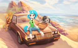 Size: 3429x2111 | Tagged: safe, artist:foxpit, derpibooru import, applejack, dj pon-3, octavia melody, vinyl scratch, unicorn, beach, buick, buick grand national, car, clothes, food, ocean, pizza, water