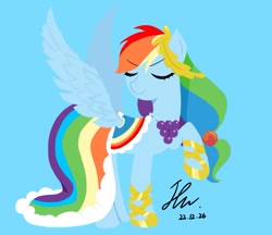 Size: 953x823 | Tagged: safe, artist:rainbom__1122, derpibooru import, rainbow dash, pegasus, pony, blue background, clothes, cyan background, dress, eyebrows, eyebrows visible through hair, eyes closed, gala dress, simple background, smiling, solo, spread wings, wings