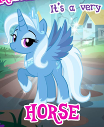 Size: 336x412 | Tagged: safe, derpibooru import, idw, trixie, alicorn, pony, reflections, spoiler:comic, alicornified, eyeshadow, female, gameloft, hoof shoes, house, idw showified, jewelry, lidded eyes, looking at you, makeup, meme, my little pony: magic princess, peytral, princess of humility, race swap, raised hoof, raised leg, regalia, smiling, solo, sparkles, spread wings, tiara, trixiecorn, wings, wow! glimmer