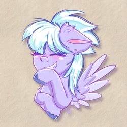 Size: 1280x1280 | Tagged: safe, artist:galaxy swirl, derpibooru import, cloudchaser, pegasus, pony, blushing, bust, covering mouth, cute, cutechaser, ear fluff, ears, eyes closed, female, floppy ears, grin, mare, raised hoof, raised leg, smiling, solo, spread wings, textured background, three quarter view, unshorn fetlocks, wings