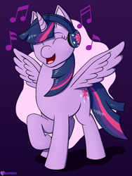 Size: 1500x1995 | Tagged: safe, artist:passionpanther, derpibooru import, twilight sparkle, twilight sparkle (alicorn), alicorn, pony, cute, dancing, eyes closed, happy, headphones, music, music notes, open mouth, open smile, singing, smiling, solo, spread wings, twiabetes, wings