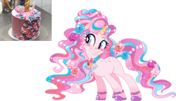 Size: 1024x587 | Tagged: safe, artist:kingphantasya, derpibooru import, oc, pony, unicorn, cake, eyelashes, female, food, grin, hoof shoes, horn, mare, simple background, smiling, solo, transparent background, unicorn oc