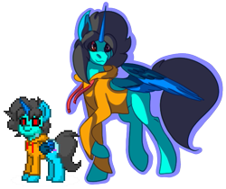 Size: 511x429 | Tagged: safe, artist:brybrychan, derpibooru import, oc, alicorn, pony, alicorn oc, clothes, duo, hoodie, horn, male, pony town, red eyes, simple background, smiling, stallion, transparent background, wings