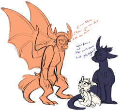 Size: 964x878 | Tagged: safe, artist:purplegrim40, derpibooru import, spike, thorax, oc, oc:clara, changedling, changeling, dragon, hybrid, baby, dialogue, dragonling, gay couple, interspecies offspring, limited palette, magical gay spawn, male, offspring, older, older spike, parent:spike, parent:thorax, parents:thoraxspike, simple background, white background, winged spike, wings