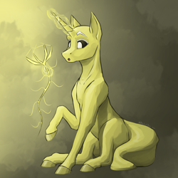 Size: 4000x4000 | Tagged: safe, artist:stardustspix, hybrid, pony, unicorn, crossover, flower, horn, magic, magic aura, monochrome, plant, ponified, rain world, raised hoof, raised leg, sitting, slugcat, solo, tail, telekinesis, video game