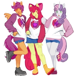 Size: 1000x1000 | Tagged: safe, artist:heartwoozy, derpibooru import, apple bloom, scootaloo, sweetie belle, anthro, earth pony, pegasus, unicorn, apple bloom's bow, bow, clothes, cutie mark crusaders, cutie mark on clothes, hair bow, hand on waist, lifted leg, looking at you, open mouth, open smile, shoes, shorts, simple background, smiling, spread wings, the cmc's cutie marks, white background, wings