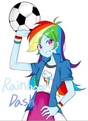 Size: 601x827 | Tagged: safe, artist:rainbom__1122, derpibooru import, rainbow dash, equestria girls, ball, eyebrows, eyebrows visible through hair, football, grin, hand on hip, looking at you, simple background, smiling, smiling at you, solo, sports, white background