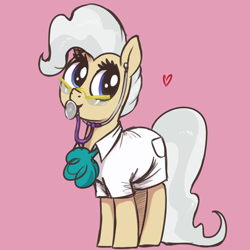 Size: 2500x2500 | Tagged: safe, artist:t72b, derpibooru import, mayor mare, earth pony, pony, clothes, cute, female, glasses, heart, lab coat, mare, mayorable, mouth hold, pink background, simple background, solo, stethoscope