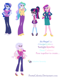 Size: 1166x1514 | Tagged: safe, artist:prettycelestia, derpibooru import, dean cadance, princess cadance, princess celestia, princess luna, principal celestia, sci-twi, twilight sparkle, vice principal luna, equestria girls, adult, belt buckle, clothes, eyeshadow, fusion, high heels, jacket, long pants, makeup, multiple arms, shoes, simple background, starry hair, white background