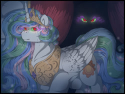 Size: 1280x960 | Tagged: safe, artist:binibean, derpibooru import, king sombra, princess celestia, alicorn, pony, umbrum, unicorn, castle, corrupted, curtains, dark magic, duo, duo male and female, female, jewelry, magic, male, male and female, peytral, shipping fuel, sombra eyes, tiara