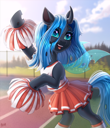 Size: 2600x3022 | Tagged: safe, artist:hakaina, derpibooru import, oc, oc only, oc:nymph, changeling, pony, bipedal, blurry background, changeling oc, cheerleader, cheerleader outfit, clothes, cloud, colored, commission, cute, eyebrows, eyelashes, eyeshadow, fangs, female, fence, forest background, head turn, head turned, high res, makeup, mare, ocbetes, open mouth, open smile, pom pom, rearing, running track, shading, shiny eyes, signature, skirt, sky, slim, smiling, socks, solo, spread wings, tanktop, teeth, thin, wings, ych result