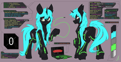 Size: 9288x4750 | Tagged: safe, artist:midnightflight, derpibooru import, oc, oc only, pony, unicorn, butt, computer, cyberpunk, cyberpunk 2077, dock, horn, laptop computer, plot, reference, reference sheet, solo, tail, unicorn oc