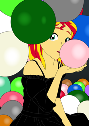 Size: 596x842 | Tagged: safe, artist:hakdurbin, derpibooru import, sunset shimmer, human, equestria girls, balloon, blowing up balloons, clothes, dress, female, inflating, lipstick, looking at you, shoulderless, that human sure does love balloons