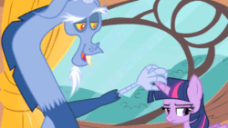 Size: 1000x562 | Tagged: safe, derpibooru import, edit, edited screencap, screencap, discord, twilight sparkle, twilight sparkle (alicorn), alicorn, draconequus, pony, g4, three's a crowd, animated, gif, golden oaks library, horn, hornjob, out of context, window