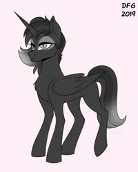 Size: 1056x1322 | Tagged: artist needed, safe, artist:dragonfoxgirl, derpibooru import, oc, oc:nyx, alicorn, pony, alicorn oc, black and white, concave belly, expressionless face, folded wings, grayscale, horn, lidded eyes, monochrome, raised leg, simple background, slim, slit eyes, thin, wings