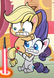 Size: 421x600 | Tagged: safe, derpibooru import, edit, edited screencap, screencap, applejack, rarity, earth pony, pony, unicorn, g4.5, my little pony: pony life, sick day, female, lightsaber, mare, meme, rick and morty, star wars, vertical, weapon