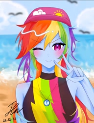 Size: 616x802 | Tagged: safe, artist:rainbom__1122, derpibooru import, rainbow dash, equestria girls, beach, blushing, cap, clothes, eyebrows, eyebrows visible through hair, hat, looking at you, one eye closed, peace sign, solo, swimsuit, wink, winking at you