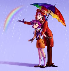 Size: 2001x2048 | Tagged: safe, artist:regenbogen, derpibooru import, rainbow dash, scootaloo, human, fanfic:rainbow factory, alternate universe, fanfic art, humanized, rain, rainbow, wholesome