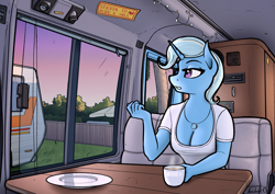 Size: 2283x1614 | Tagged: safe, artist:apocheck13, derpibooru import, trixie, anthro, unicorn, beautiful, breasts, camper, cleavage, clothes, coffee, coffee mug, female, jewelry, morning, mug, necklace, rv, shirt, short shirt, solo, trailer, van
