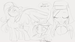 Size: 1695x940 | Tagged: safe, artist:dotkwa, derpibooru import, fluttershy, alicorn, pony, clothes, cowboy hat, eyes closed, female, flutternun, gray background, grayscale, hat, large wings, mare, monochrome, overalls, simple background, sketch, solo, straw in mouth, wings