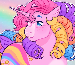 Size: 3524x3024 | Tagged: safe, artist:mysthooves, derpibooru import, oc, oc only, pony, unicorn, g1, blue eyes, bow, close-up, curly hair, curly mane, female, freckles, heart mark, horn, icon, mare, ponysona, rainbow background, rainbow curl pony, solo, star mark, tail, tail bow, unicorn oc