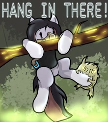 Size: 1802x2048 | Tagged: safe, artist:chaosmauser, derpibooru import, oc, oc:jewel bracer, earth pony, chaos, chibi, crossover, earth pony oc, hang in there, hanging, mask, motivational poster, nurgling, poster, poster parody, tree branch