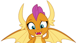 Size: 4134x2300 | Tagged: safe, artist:sketchmcreations, derpibooru import, smolder, dragon, uprooted, cute, dragoness, eyebrows, female, open mouth, open smile, raised eyebrow, simple background, smiling, smolderbetes, transparent background, vector