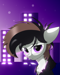 Size: 1700x2116 | Tagged: safe, derpibooru import, oc, oc only, earth pony, black hair, brown hair, city, clothes, digital art, earth pony oc, gift art, jacket, light, lightning, looking at you, male, night, purple background, purple eyes, simple background