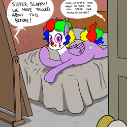 Size: 1200x1200 | Tagged: safe, artist:pony quarantine, derpibooru import, oc, oc only, oc:sister slappy, pegasus, pony, bed, clown, clown makeup, dialogue, disembodied hoof, female, looking at you, lying down, mare, nun, offscreen character, on bed, prone, sploot, tongue, tongue out