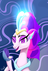Size: 1920x2880 | Tagged: safe, artist:kmlp1999, derpibooru import, queen novo, seapony (g4), my little pony: the movie, bubble, collar, colored pupils, crown, digital art, eyelashes, eyeshadow, female, fin wings, fins, glowing, jewelry, looking at you, makeup, ocean, one eye closed, open mouth, open smile, purple eyes, regalia, seaquestria, seashell, signature, smiling, solo, teeth, throne room, underwater, water, wings, wink