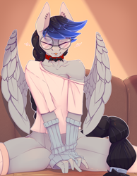 Size: 2800x3600 | Tagged: safe, artist:chapaevv, derpibooru import, oc, oc:silver strings, anthro, choker, clothes, commission, eyes closed, femboy, girly, glasses, good boy, happy, male, mittens, no pants, shirt, sitting, socks, solo, spread legs, spreading, stockings, t-shirt, tail, text, thigh highs, tongue, tongue out, ych result