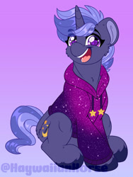 Size: 1600x2129 | Tagged: safe, artist:missbramblemele, derpibooru import, oc, oc only, oc:moonwalker, pony, unicorn, clothes, female, gradient background, hoodie, mare, solo