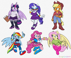 Size: 1280x1042 | Tagged: safe, artist:omegasunburst, derpibooru import, applejack, fluttershy, pinkie pie, rainbow dash, rarity, twilight sparkle, twilight sparkle (alicorn), alicorn, anthro, earth pony, pegasus, plantigrade anthro, unicorn, applerack, belly button, big breasts, book, boots, breasts, cleavage, clothes, cowboy boots, crossover, delicious flat chest, denim, dress, female, front knot midriff, glasses, headlight sparkle, high heels, hootershy, jeans, lipstick, mane six, mare, midriff, mobian, pants, pinkie pies, rainbow flat, raritits, rarity's glasses, shirt, shoes, simple background, skirt, small breasts, sonic the hedgehog (series), sonicified, stockings, sweater dress, thigh highs, white background