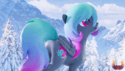 Size: 3840x2160 | Tagged: safe, artist:loveslove, derpibooru import, oc, oc only, oc:paintheart, pegasus, pony, 3d, blurry background, female, folded wings, gradient mane, gradient tail, high res, mountain, pegasus oc, snow, snowfall, solo, tail, wings