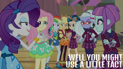 Size: 1920x1080 | Tagged: safe, derpibooru import, edit, edited screencap, editor:quoterific, screencap, applejack, fluttershy, indigo zap, rainbow dash, rarity, sugarcoat, sunny flare, equestria girls, friendship games