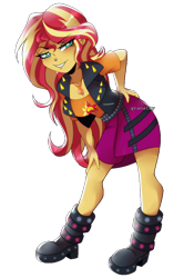 Size: 590x888 | Tagged: safe, artist:granatty, derpibooru import, sunset shimmer, human, better together, equestria girls, bedroom eyes, boots, breasts, butt touch, cleavage, clothes, female, geode of empathy, grin, hand on butt, hand on leg, jacket, looking at you, magical geodes, sexy, shirt, shoes, simple background, smiling, solo, sunset jiggler, transparent background