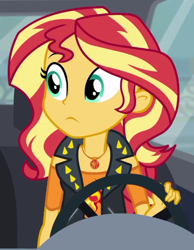 Size: 426x548 | Tagged: safe, derpibooru import, screencap, sunset shimmer, better together, driving miss shimmer, equestria girls, cropped, solo