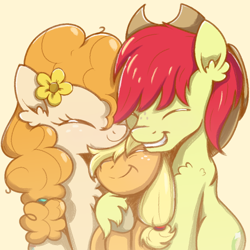 Size: 1000x1000 | Tagged: safe, artist:candy meow, derpibooru import, applejack, bright mac, pear butter, earth pony, pony, ^^, applejack's hat, brightabetes, chest fluff, clothes, cowboy hat, cute, ear fluff, ears, eyes closed, female, filly, flower, foal, freckles, hat, hoof fluff, hug, jackabetes, male, mare, pearabetes, simple background, smiling, snuggling, stallion, unshorn fetlocks, younger