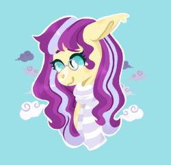 Size: 540x520 | Tagged: safe, artist:wholesomeponies, derpibooru import, oc, oc only, oc:serenity sound, pegasus, bust, clothes, cloud, ear fluff, ears, female, floppy ears, glasses, mare, no pupils, outline, pegasus oc, portrait, scarf, shiny mane, simple background, solo, striped scarf, teal background, white outline