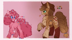 Size: 540x301 | Tagged: safe, artist:wholesomeponies, derpibooru import, applejack, pinkie pie, earth pony, alternate design, braid, chest fluff, clothes, coat markings, colored ears, colored hooves, confetti, duo, duo female, ear fluff, ears, female, frame, headcanon, headcanon in the description, heart, heart eyes, pink background, reference sheet, simple background, socks, straw in mouth, unshorn fetlocks, wingding eyes