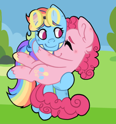 Size: 540x576 | Tagged: safe, artist:wholesomeponies, derpibooru import, pinkie pie, rainbow dash, earth pony, pegasus, wonderbolts academy, clothes, colored hooves, duo, duo female, ear fluff, ears, female, goggles, goggles on head, hug, mare, no pupils, scene interpretation, uniform, unshorn fetlocks, wonderbolts uniform