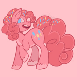 Size: 540x540 | Tagged: safe, artist:wholesomeponies, derpibooru import, pinkie pie, earth pony, alternate cutie mark, coat markings, colored hooves, confetti, female, mare, no pupils, pink background, redesign, simple background, solo, unshorn fetlocks