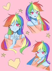 Size: 601x827 | Tagged: safe, artist:rainbom__1122, derpibooru import, rainbow dash, human, equestria girls, bust, clothes, heart, one eye closed, simple background, smiling, wink